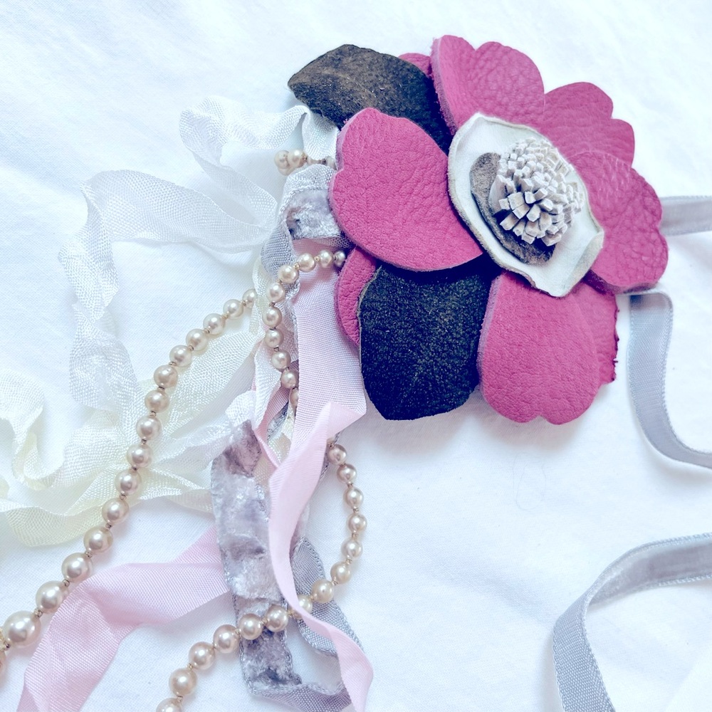 Pink Leather Flower Necklace with Vintage Pearl Beads and Velvet Ribbons